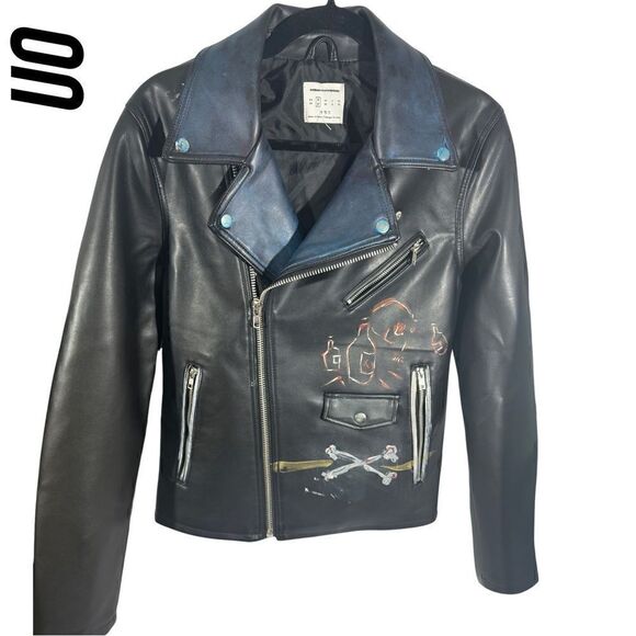 URBAN OUTFITTERS CUSTOM PAINTED FAUX VEGAN LEATHER JACKET BLACK SP - Picture 1 of 6